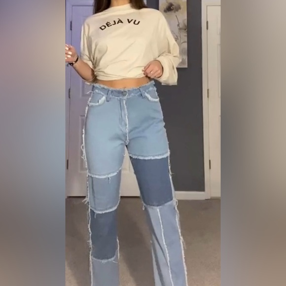 Empty Soda two-toned denim patchwork jeans, NEW high waisted size L - Picture 2 of 5